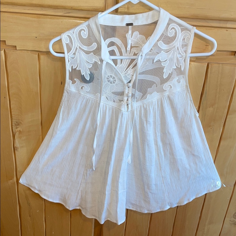 Free People White Sheer flirty whimsical festival Embroidered Tie-Front Camisole